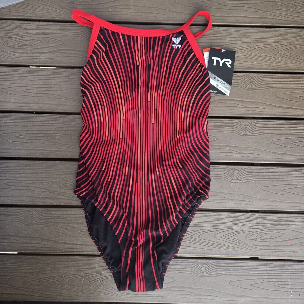 TYR Women's Durafast Elite Supersonic Red Striped DiamondFit 1 Pc Swim Sz 34 NEW